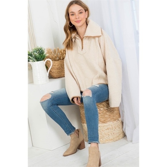 CREAM CONTRAST SHEARLING STYLE OVERSIZED ZIP UP PULLOVER SWEATER - Picture 4 of 12
